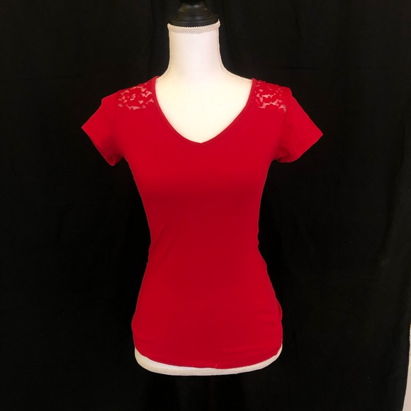 Red, lace V- Neck - Picture 1 of 4